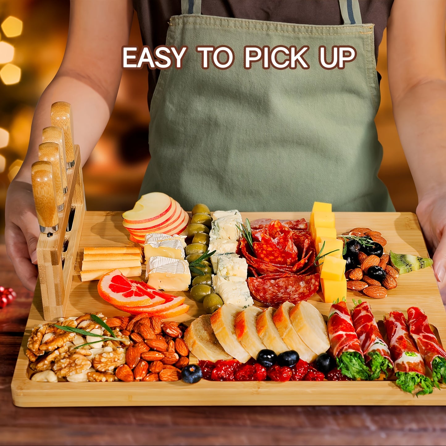 1 Set, Bamboo Cheese Board, Cheese Tray With 4 Cheese Knfie Set, Charcuterie Board And Serving Plate, Cheese Knife, Cheese Slicer, Cheese Fork, Kitchen Cooking Tools, Bamboo Cutting Board, Wood Cheeses Boards, Kitchen Stuff