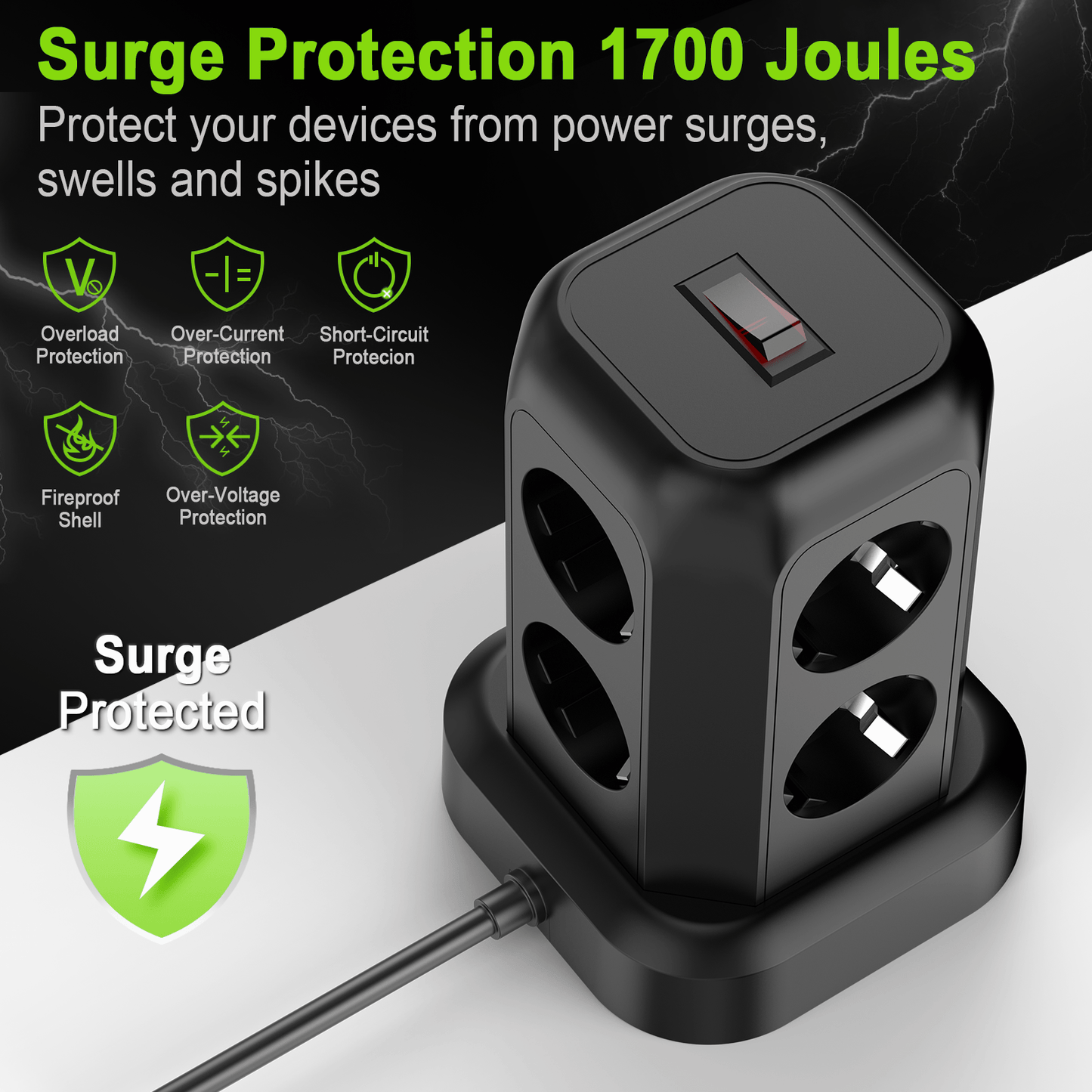 Multi-Plug Socket Distributor with 8 Sockets, 3 USB Ports (Including 1 USB-C), Side-Entry Plug Wall Charger, Essential for Cruising, Travel, Office, And Dorm