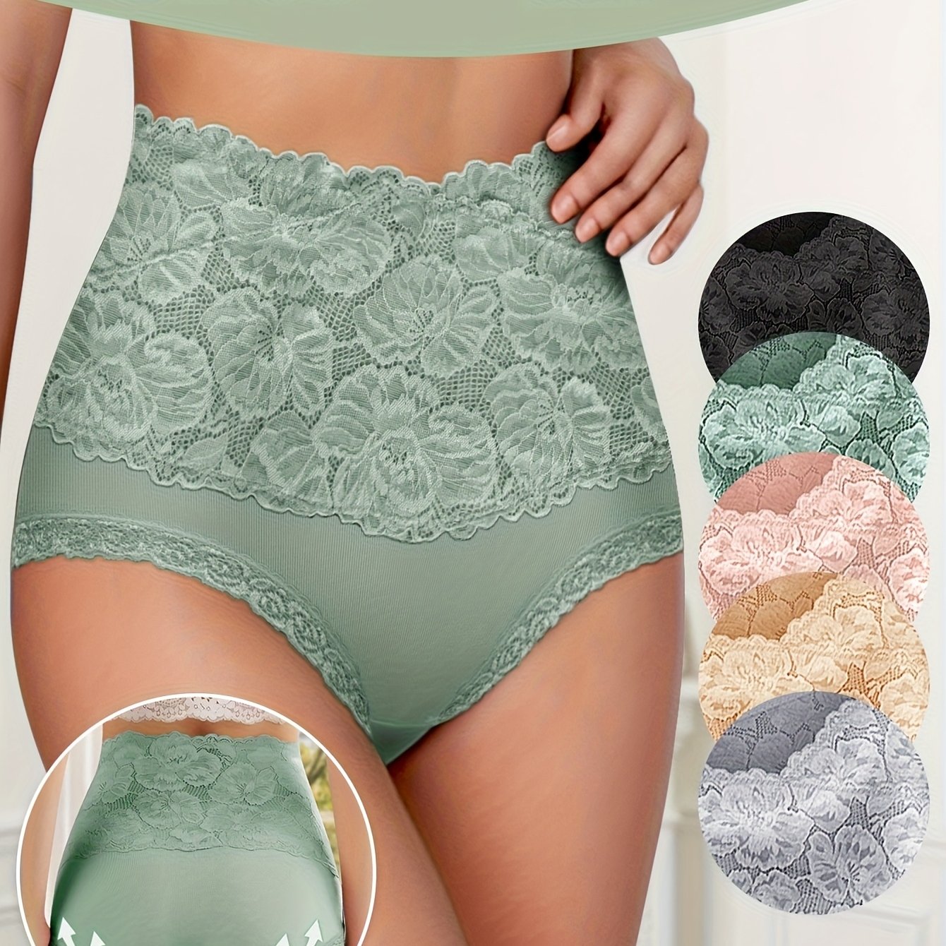 5pcs Women's High-Waisted Tummy Control Briefs - Soft Lace Trim, Butt-Lifting & Tummy Control, Elegant Lace Underwear For Everyday Comfort
