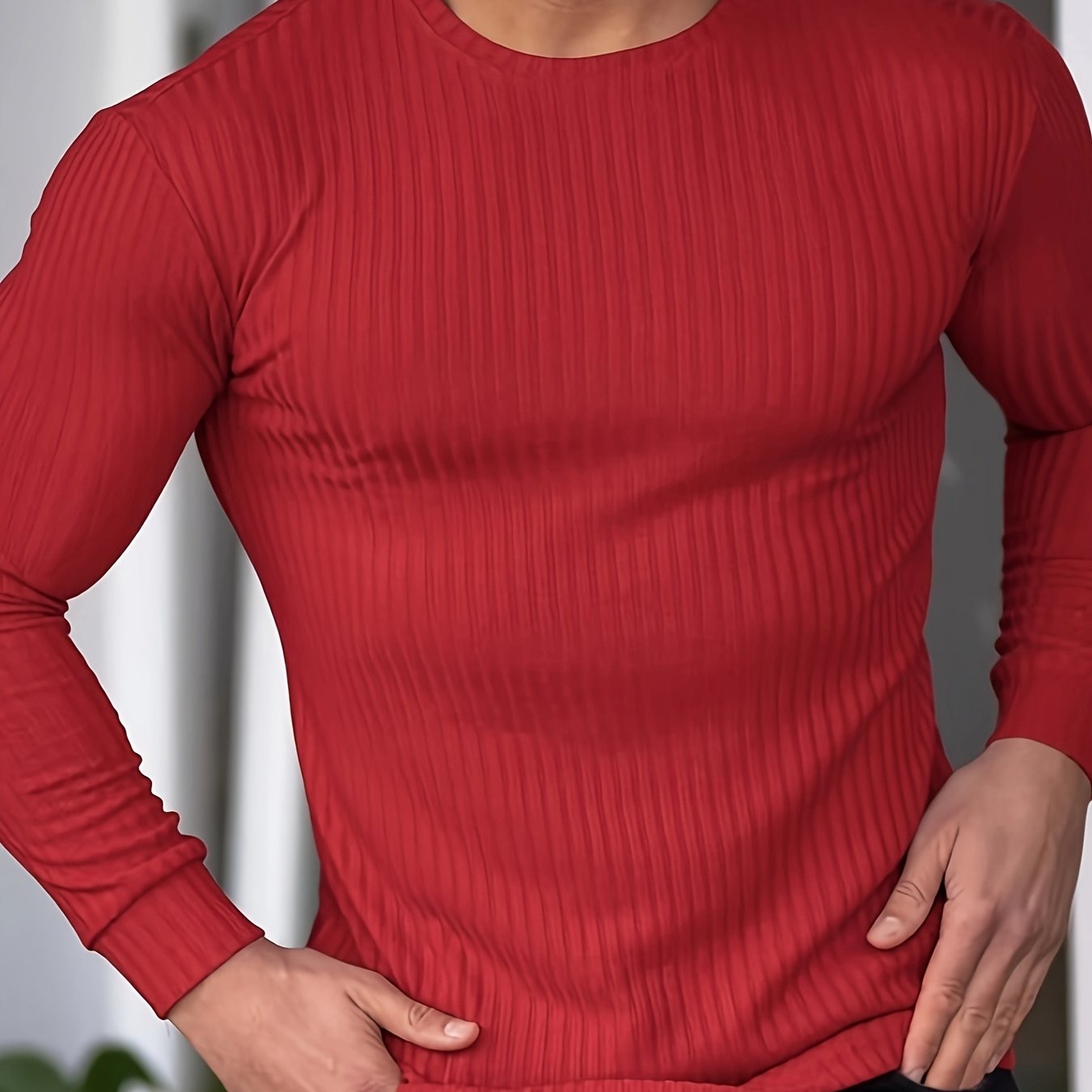 Ribbed Men's Casual Stretch Breathable Lightweight Long Sleeve Round Neck T-shirt For Spring Fall, Running Training