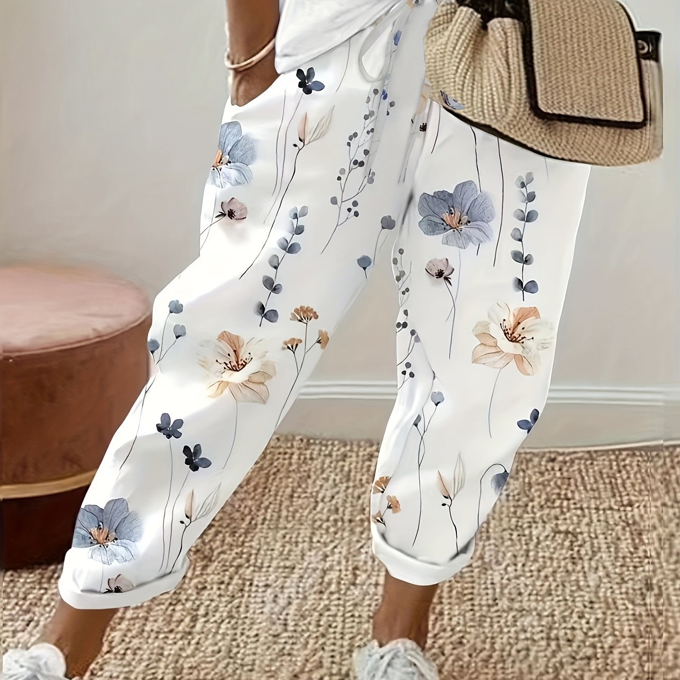 Floral Print Drawstring Straight Leg Pants, Casual Dual Pockets Pants For All Season, Women's Clothing