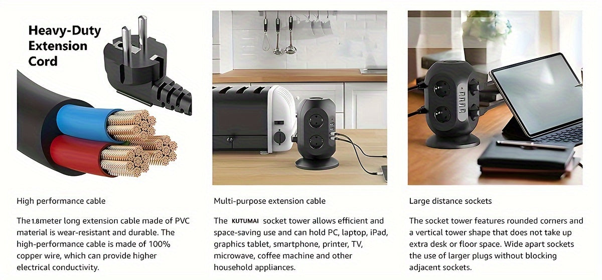 12-way power strip with 4 USB, multi-socket tower, 1.8m extension cable, power strip with double for Switch, desktop socket tower surge protection for garden, office, kitchen