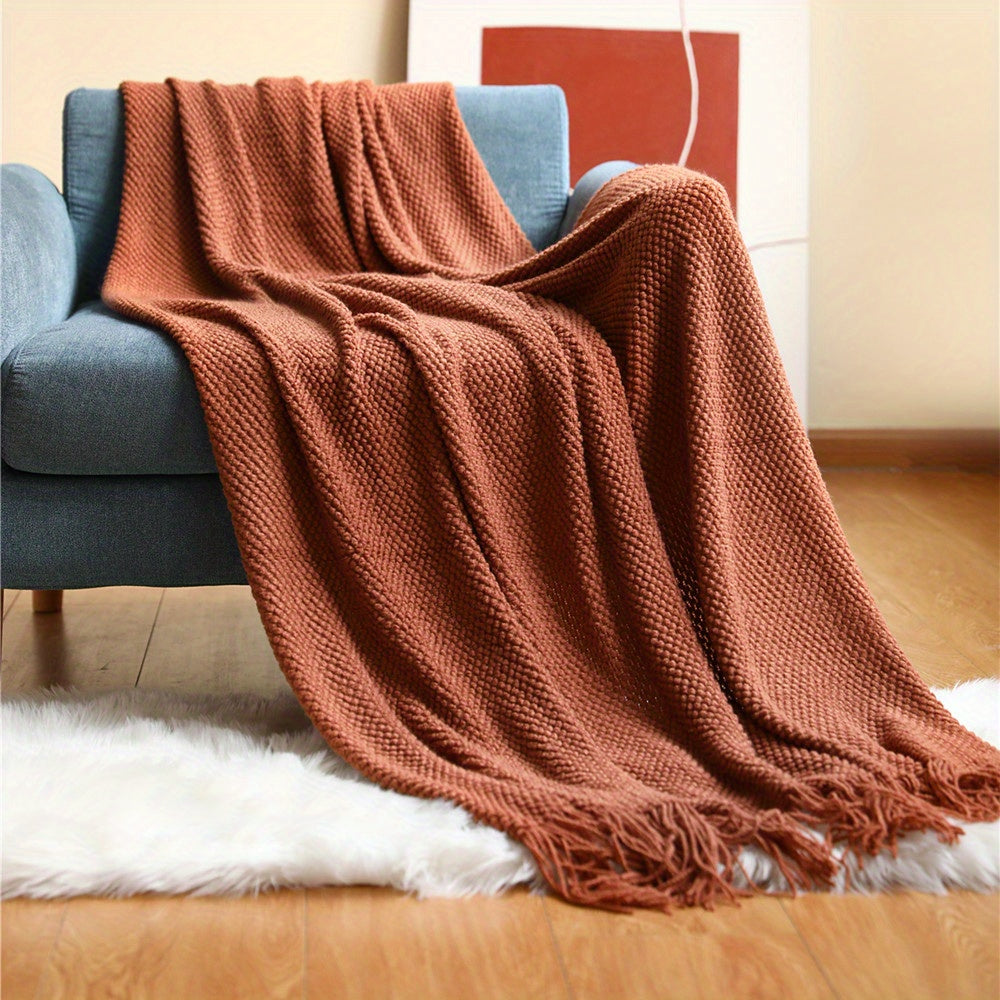1pc Throw Blanket with Tassels, Bubble Textured Lightweight Throw Blanket for Couch Bed Sofa Home Decor