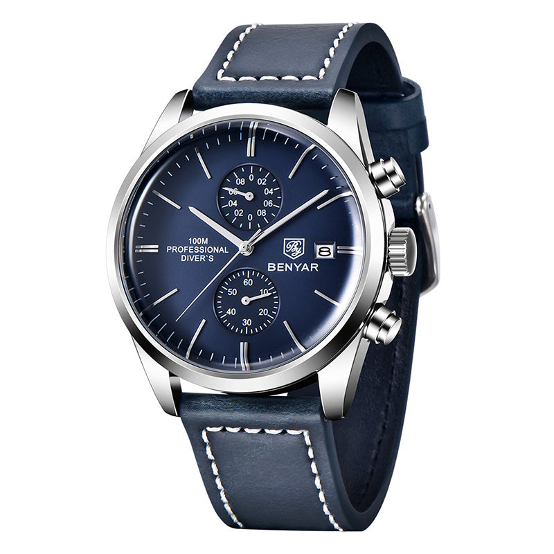 1pc New BENYAR Men's PU Leather Quartz Wristwatch, Men's 100M Multifunctional Watch Military Sports Chronograph Watch For Men