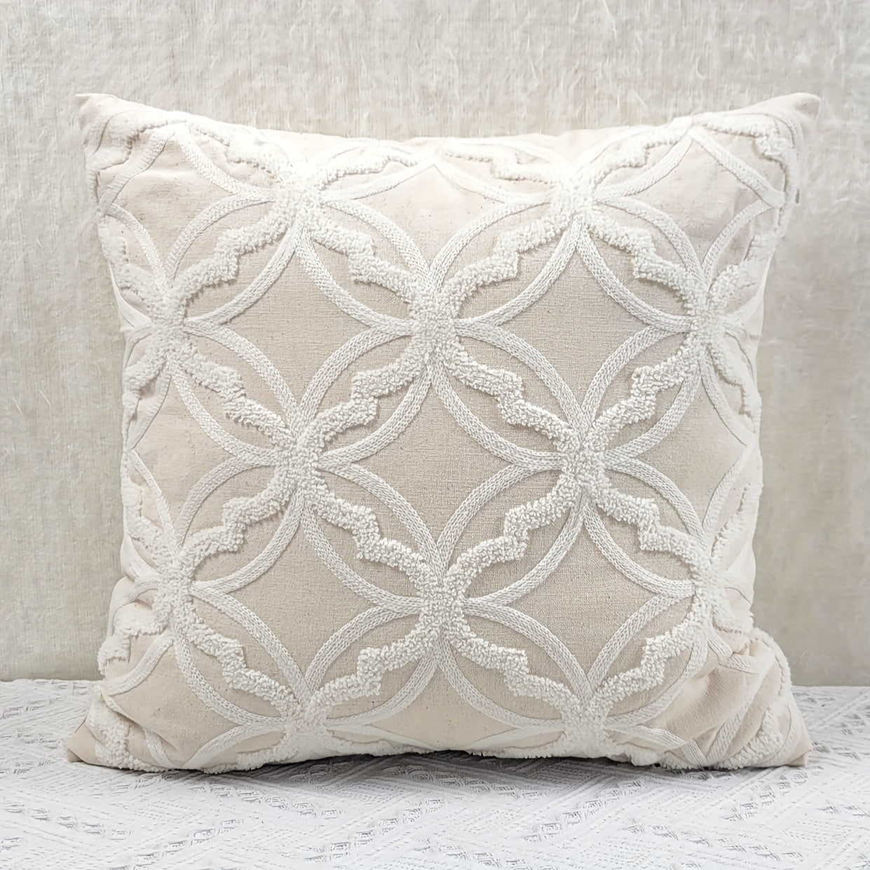 1pc Geometric Pattern Towel Embroidery Cushion Cover, Beige Base Fabric with White Embroidery