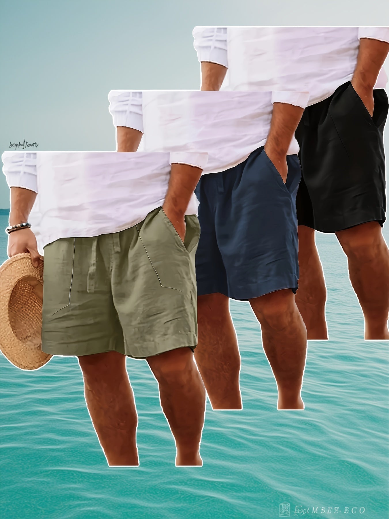 Men's Summer Shorts, Drawstring Elastic Waist, Straight Leg Solid Color Breathable Casual Beach Capri Pants - Three-Pack