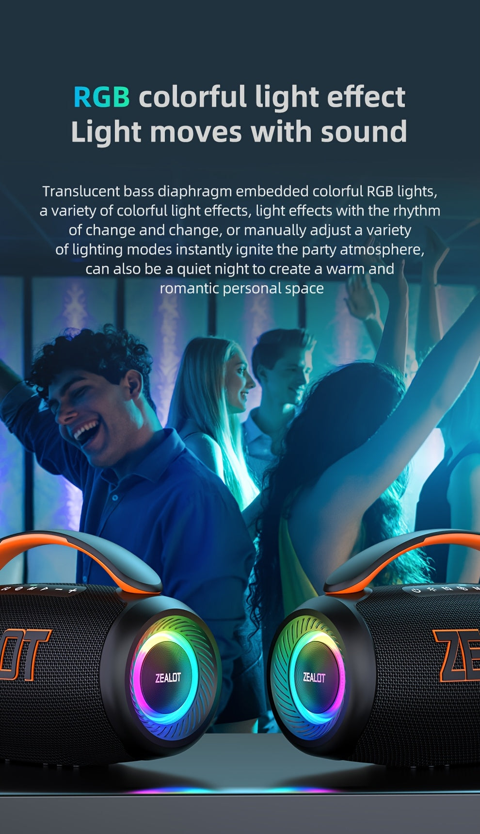 ZEALOT 60W Subwoofer Speaker, Wireless Speaker with Handle, 8000mAh Battery, Easy to Carry, RGB Lights, EQ Mode, TWS Pairing, Booming Bass. IPX5 High Quality, Great for Parties And Gatherings. for Home, Car, Camping-ZEALOT P1