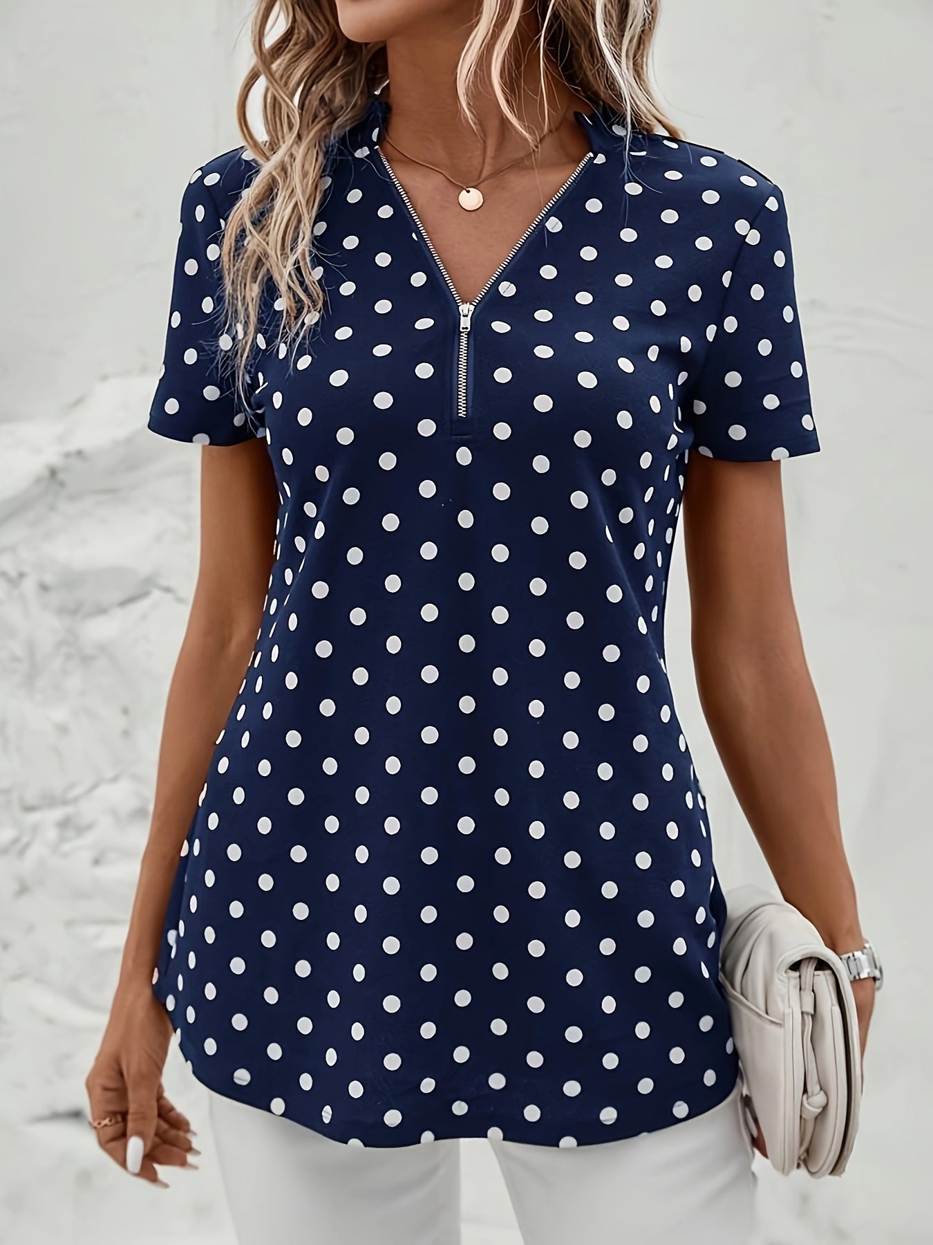 Polka Dots Print V Neck Blouse, Elegant Zipper Front Short Sleeve Blouse For Spring & Summer, Women's Clothing