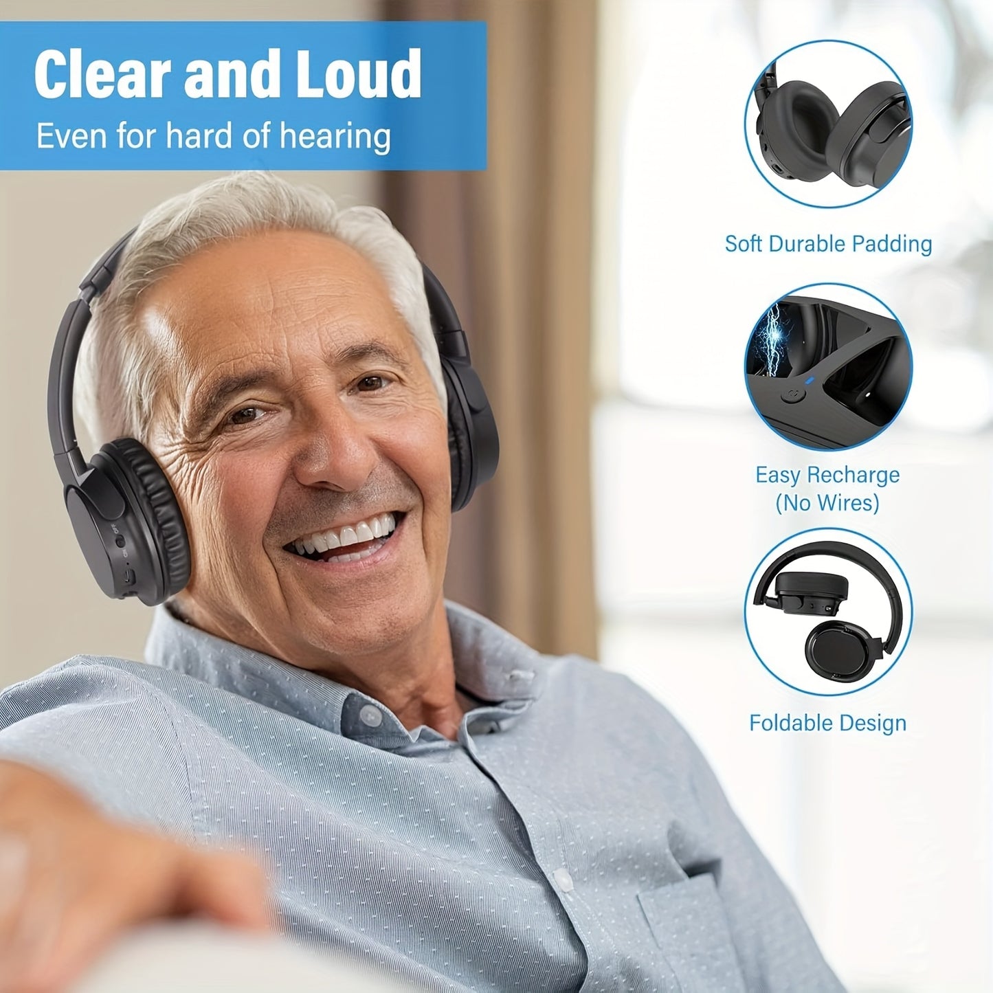 YUANJ 2025 Wireless Over-Ear TV Headphones Wireless, 28H Playtime, Plug & Play, -C, No Delay, Noise-Free Sound for PC/Laptop/Tablet/Smartphone, Headset with Voice for Movies/Video Calls (Compatible with Smart TVs), Noise Canc