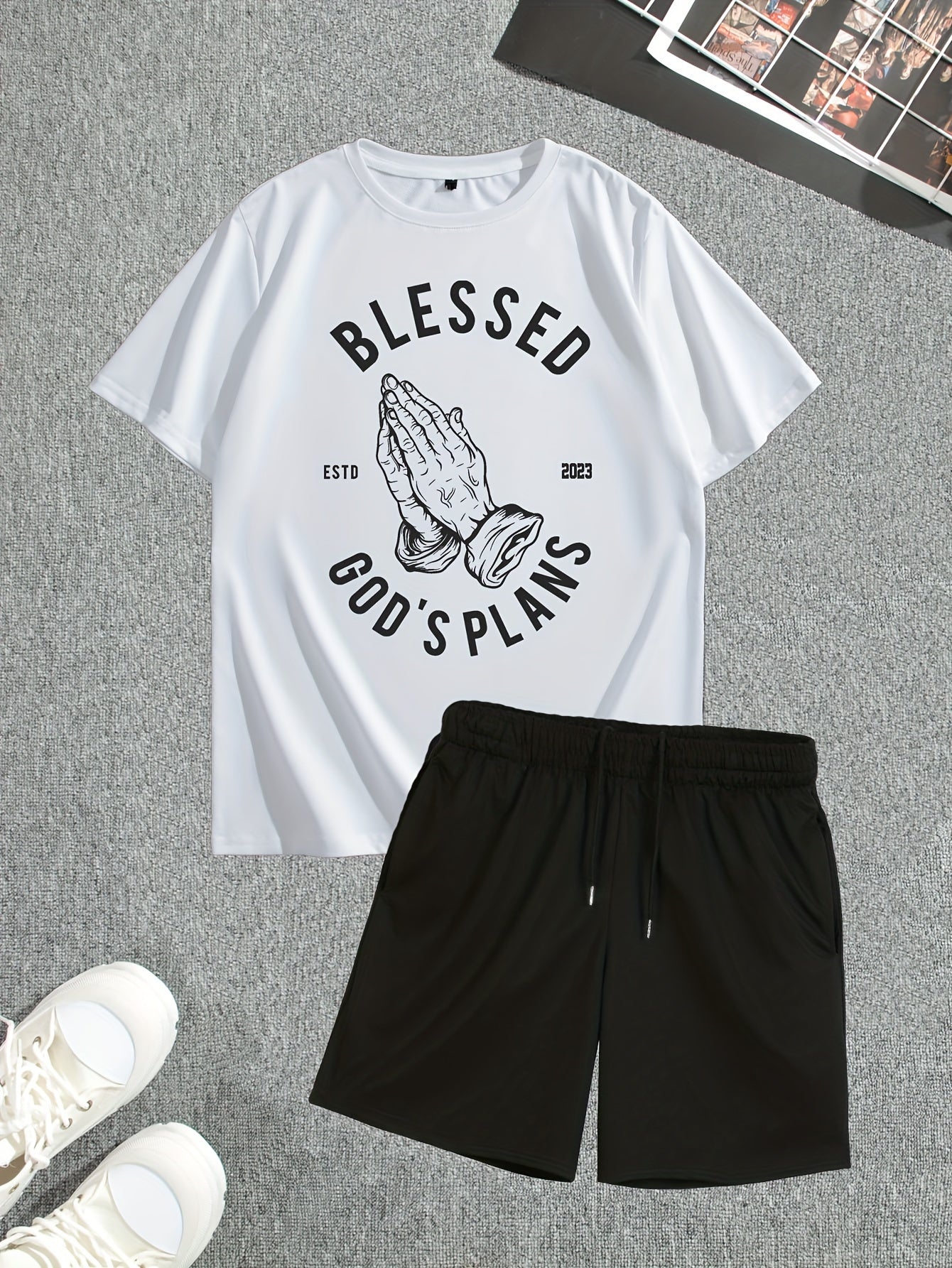 Men's Street Style Summer 2PCS Outfits, Male's Trend TRUST Graphic Short-sleeve Crew Neck T-shirt Drawstring Shorts Set, Casual Clothes For Men