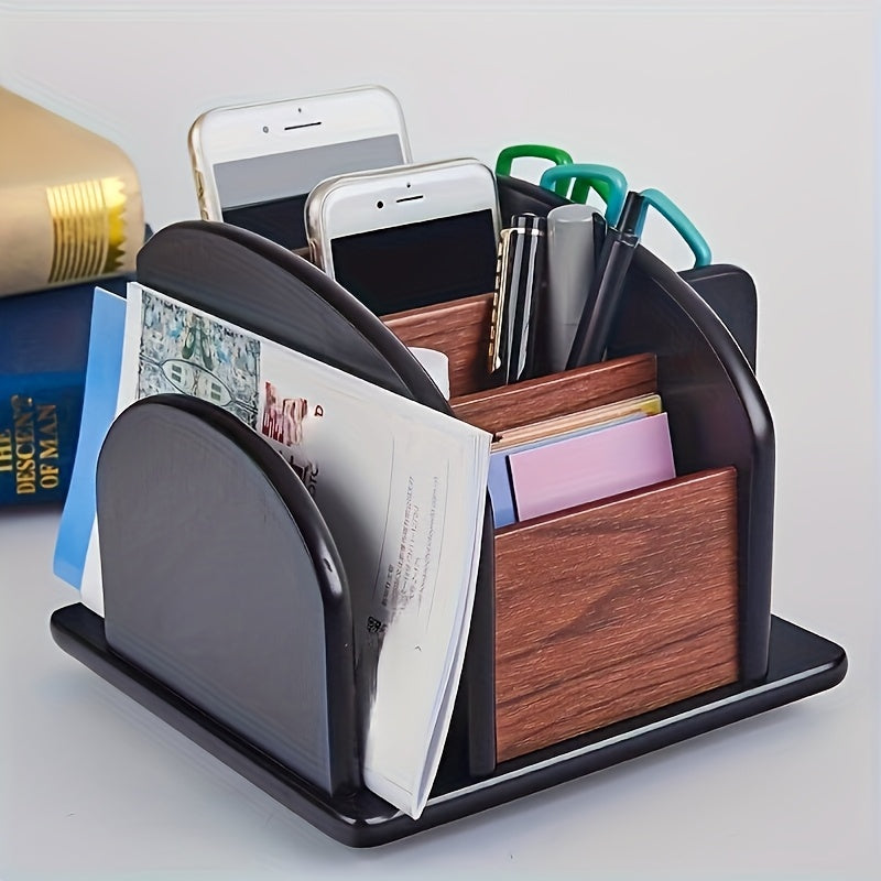 1pc Creative Multi-Functional Wooden Desk Organizer with 360 Rotation, Office Remote Control Holder, Pen Cup, No Electricity Needed, Desk & Drawer Organizer for Home Storage