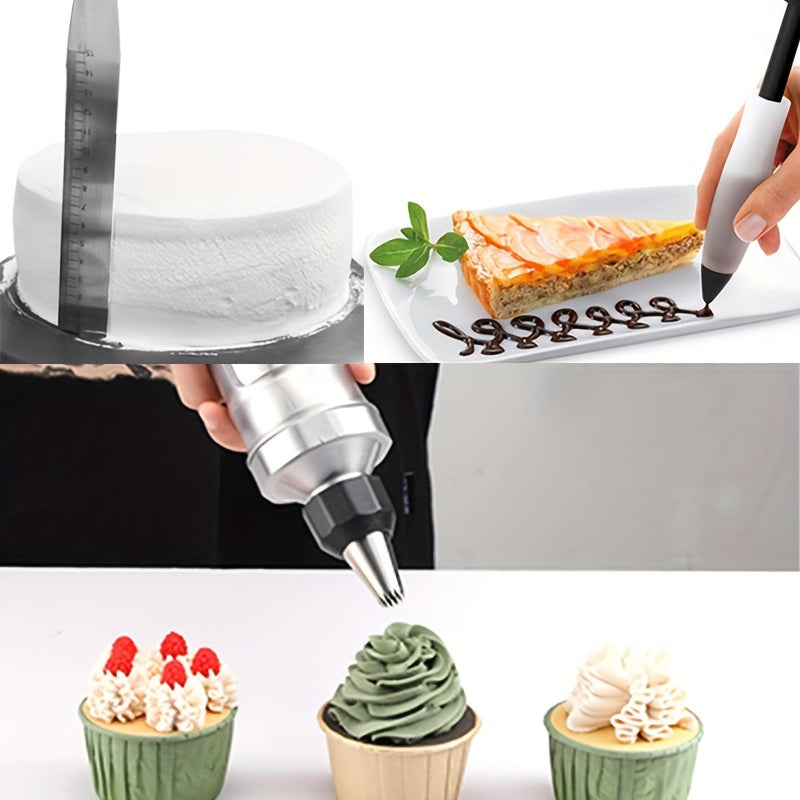 High-Quality Stainless Steel Icing Cream Decorating Kit, 34pcs Cake Decorating Tools Set with 10 Medium Nozzles and 10 Small Nozzles, Including a Graduated Smoothing Scraper, Silicone Writing Pen, Fondant Comb, Cupcake Fillin