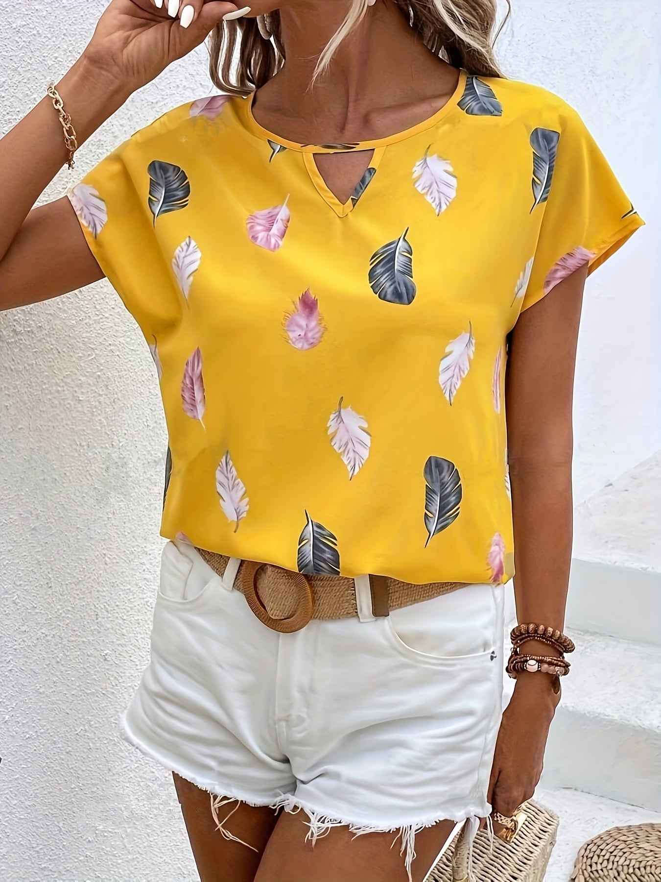Vintage Graphic Print Cut Out Blouse, Casual Batwing Sleeve Blouse For Spring & Summer, Women's Clothing