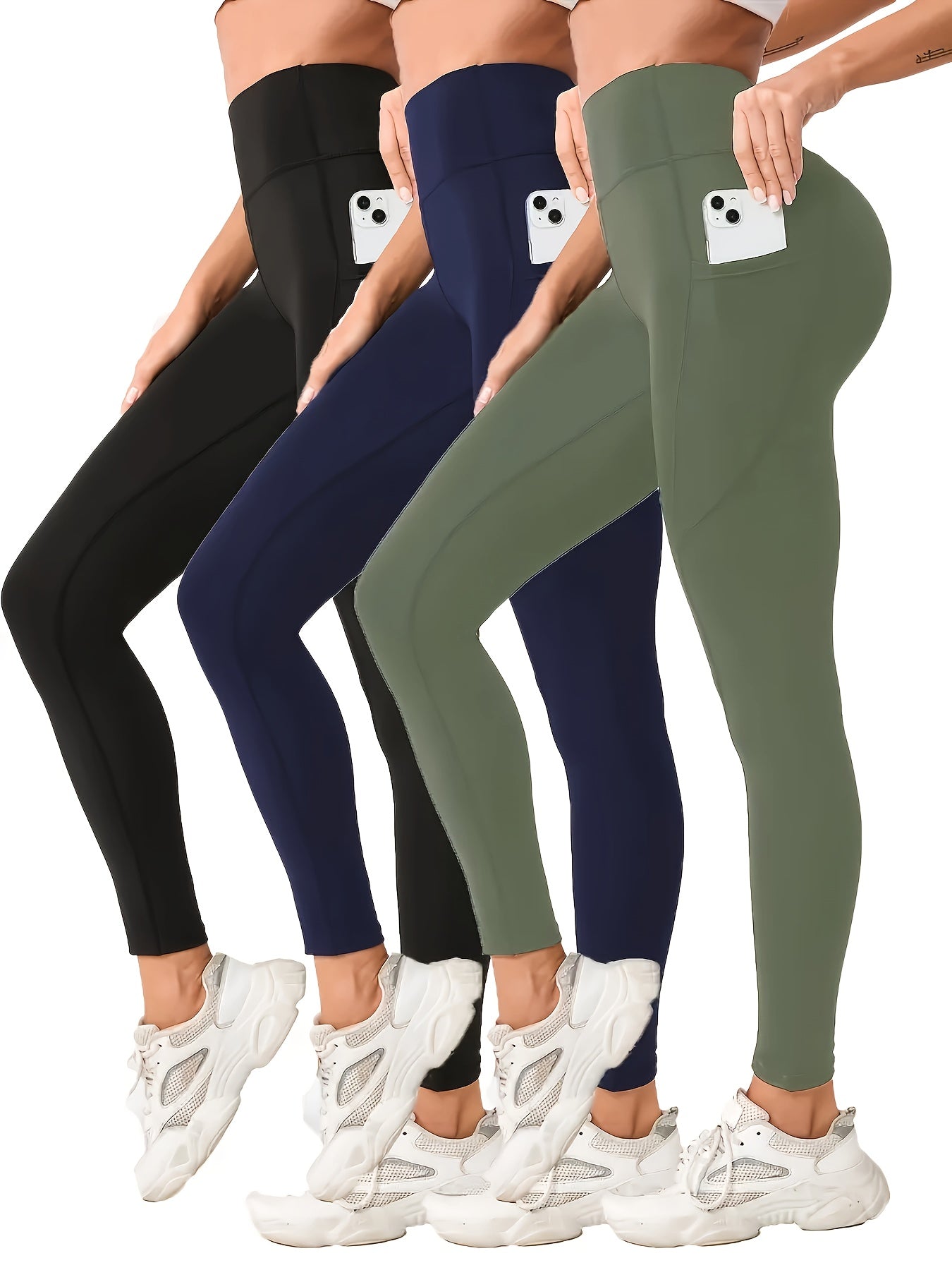 3pcs High-Waist Yoga Leggings with Pockets - Tummy Control, Slimming Effect, Stretchy & Breathable Fabric, Black/Brown/Gray, Perfect for Yoga & Casual Attire