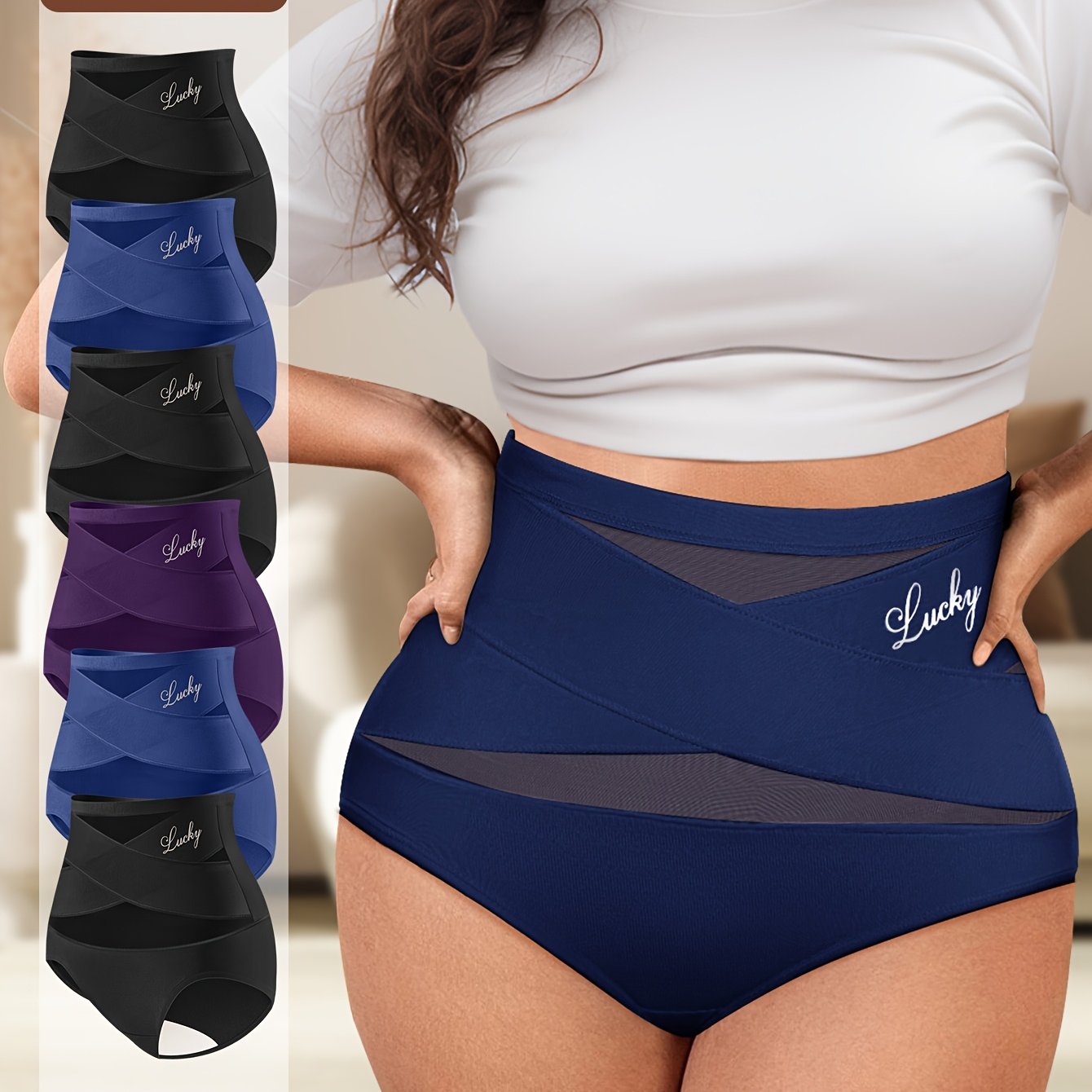 MIOTAN Women's High-Waisted Underwear - 6-Pack Tummy Control Panties, Non-Slip Waistband, Breathable Everyday & Special Occasion, Soft Postpartum Shapewear (Black/ Navy/ Purple/) - Elegant Seamless for, Formal, Casual Outfits