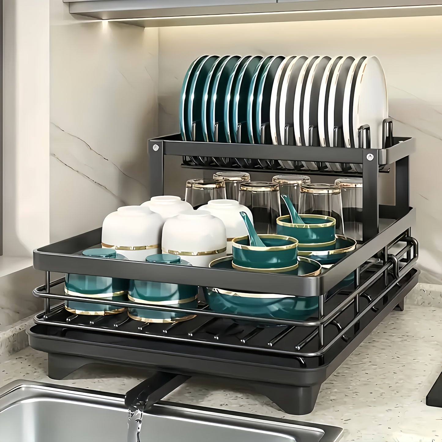 2-Tier Black Iron Kitchen Dish Rack - Large Capacity Organizer with Drainboard, Utensil Holder & Cup Hooks, Foldable Space-Saving Design for Plates, Bowls, Pots, Cutlery - Durable Powder-Coated Finish, Dish Drying Rack for Ki