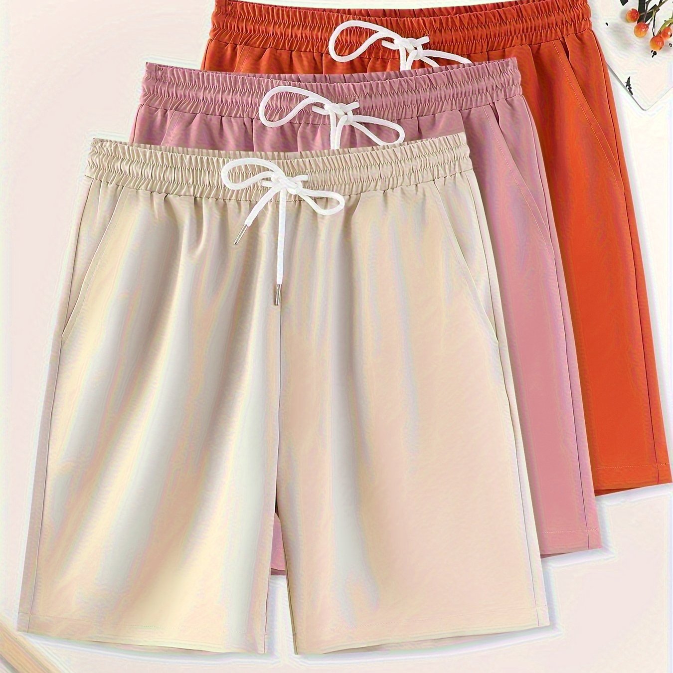 3pcs Men'S Plus Size Casual Shorts Set - White with Black Spider Web Print, Drawstring Waist, Non-Stretch Fabric, Perfect for Beach or Sports, Beach Shorts | Sporty Style | Woven Texture