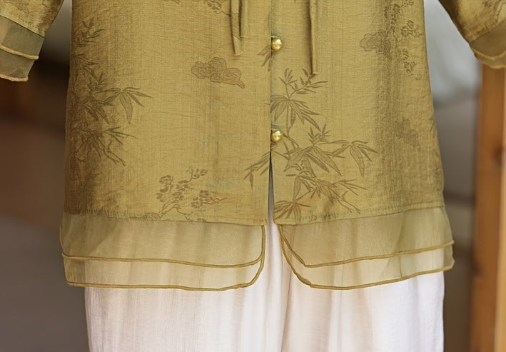 Women'S Elegant Summer Blouse with Floral Pattern - Short Sleeve, Mandarin Collar, Loose Fit, Light Olive Green, Perfect for Casual Attire, Casual Attire Blouse | Floral Pattern Top | Mandarin Collar Shirt