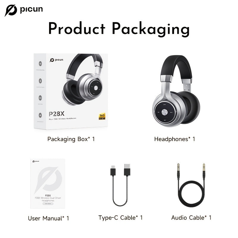 Picun Over-Ear Wireless Headphones, Wireless 5.3 with Low Latency Mode, Dual Composite Drivers for Hi-Fi Sound, 60H Playtime & Real-Time Battery Display, Wired/Wireless Dual Mode, Adjustable Head