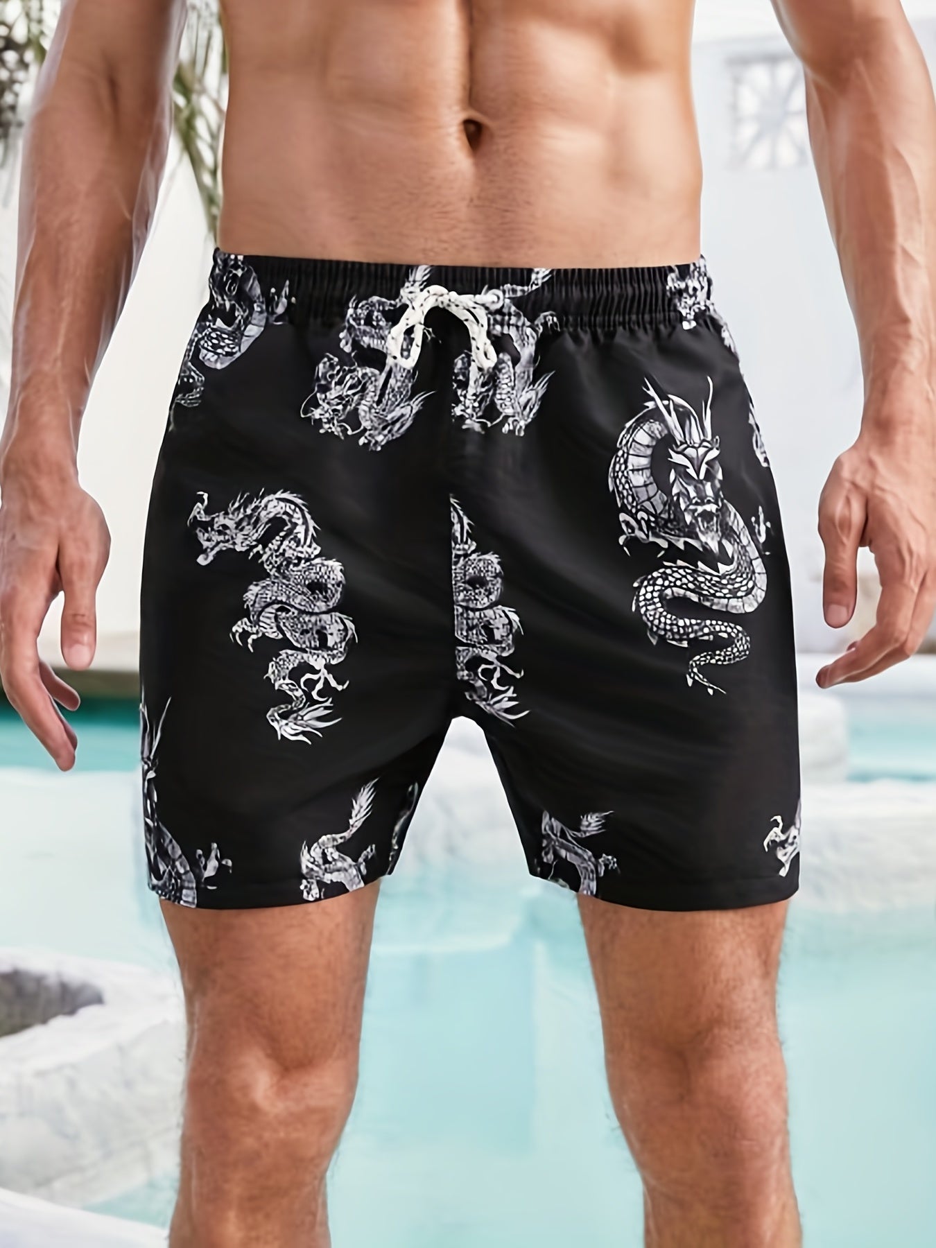 Men's Quick Dry Hawaiian Board Shorts With Pockets, Casual Coconut Tree Graphic Drawstring Swim Trunks For Summer Vacation Beach Pool Outdoor