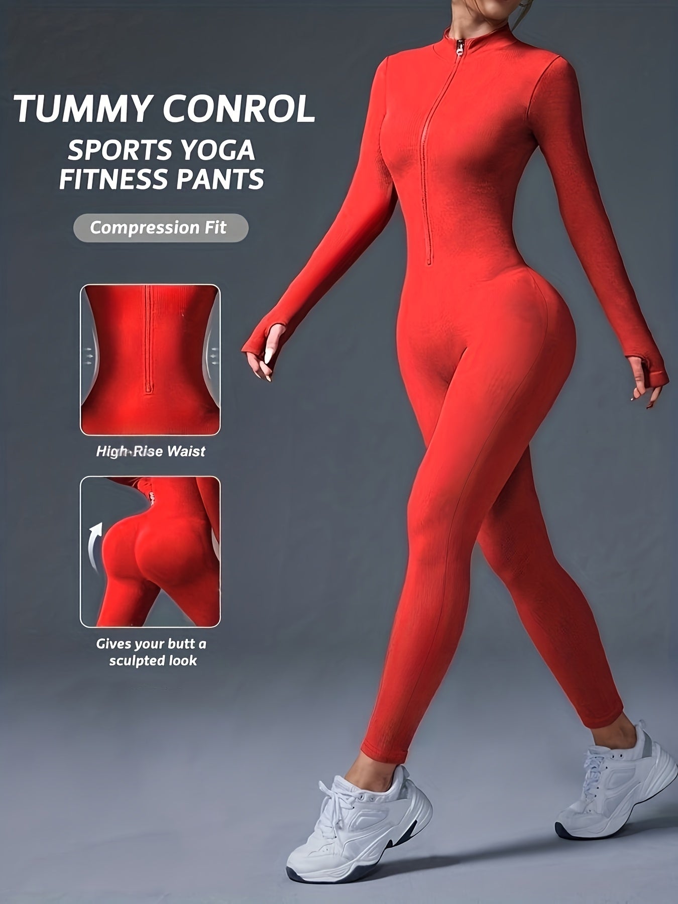 Women's Full-Length Zipper Jumpsuit - Full-Body Compression-like Fit (Tummy Control) - High-Elasticity Slim-Fit Long Sleeve Athleisure Suit for,, Dance - All-Season Outfit ( swear) - Easy-Care (No Bulk) -