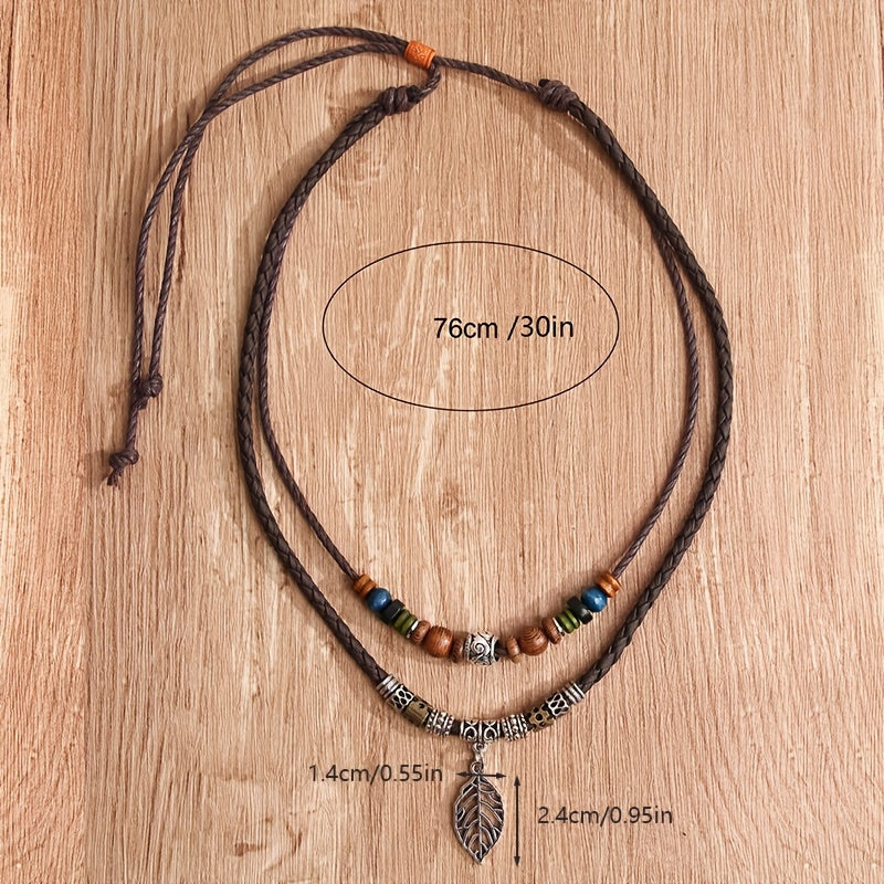 Women's PU Leaf Wooden Bead Necklace Party Ornament Jewelry Gift