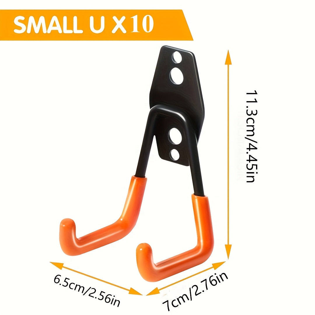 10pcs Heavy Duty Metal Garage Storage Hooks, Wall Mounted Utility Organizer for Ladders, Bikes, and Hose Management - Industrial Strength, Space Saving Design with Orange Clamps for Secure Hold