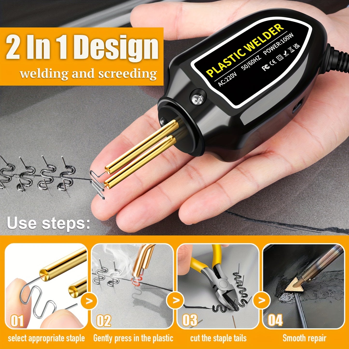Hot Stapler Mini Plastic Welding Machine Plastic Repair Welder Kit, Car Bumper Repair Kit With 400Pcs/800Pcs Flat/Wave/Outside Inside Corner Hot Staples For Repairing Crack Broken Plastic 220V EU PLUG