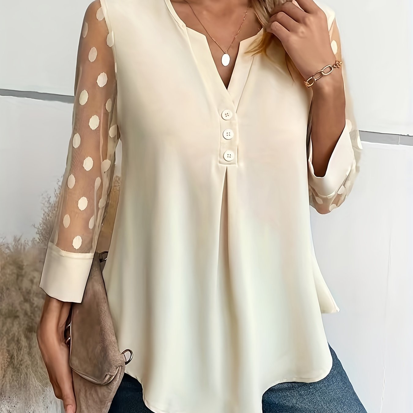 Solid Button Front Blouse, Elegant Long Sleeve Notched Neck Top, Women's Clothing
