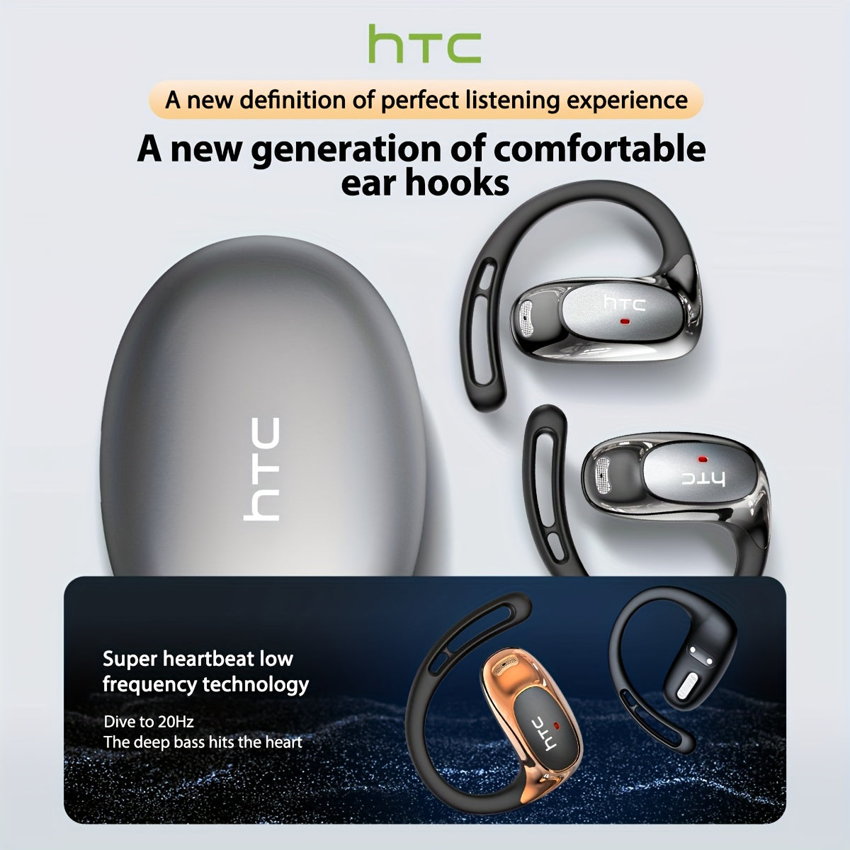 HTC NE35 AI Translation Earbuds Real-time Translation Headphones OWS Open-Ear Wireless Headphones, Latest BT V6.0, Noise Reduction Clear Call, 6.5 Hours Music Long Battery Life, Big speaker Big Volume