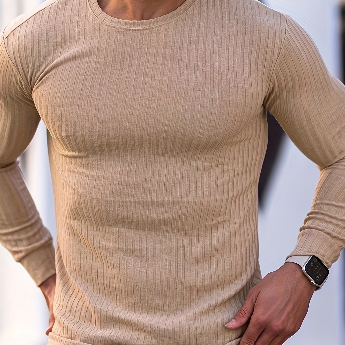 Ribbed Men's Casual Stretch Breathable Lightweight Long Sleeve Round Neck T-shirt For Spring Fall, Running Training