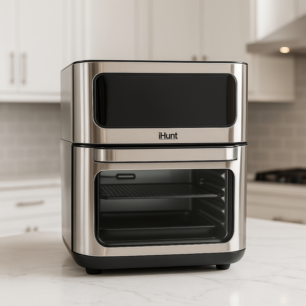 Hot Air Fryer with Rotisserie Without Oil Ihunt Bro Air Fryer 12L Rotary XL, 1800W, 360-Degree Air Circulation, Premium Inox Body, 10 Cooking Functions, Adjustable Temperature, Defrosting, Double Compartment with 3 Cooking Zo