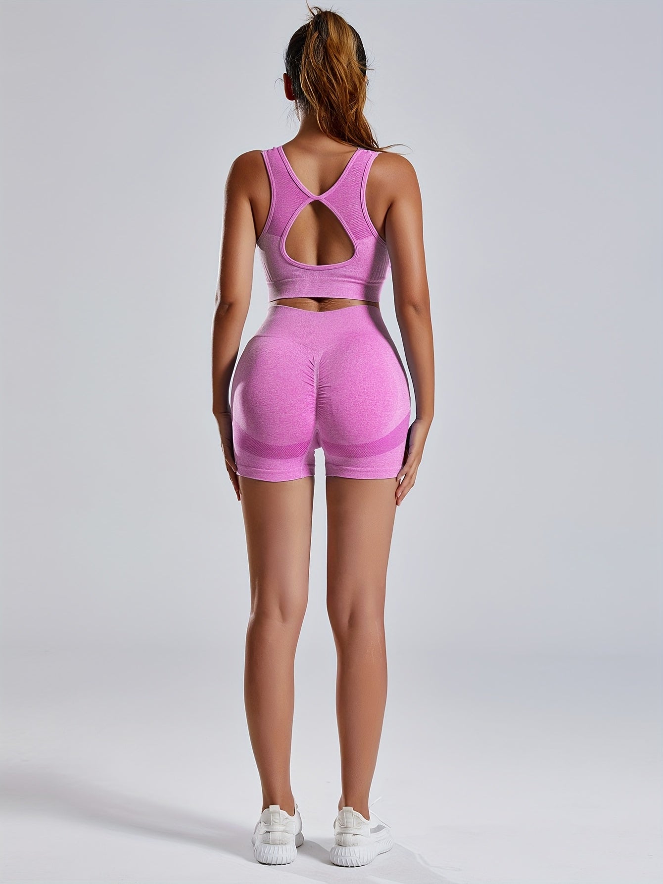Women'S Seamless Sports Yoga Set, Summer New High Stretch Knit Fabric, Solid Color Polyamide 90% Elastane 10%, Short Length Fitness Gym Wear with Backless Bra and Butt Lifting Yoga Pants