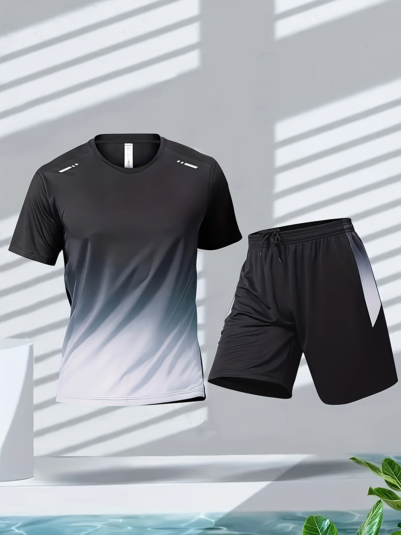 2-piece Men's Summer Basketball Training Running Outfit Set, Gradient Short Sleeve T-shirt & Quick-drying Shorts Set