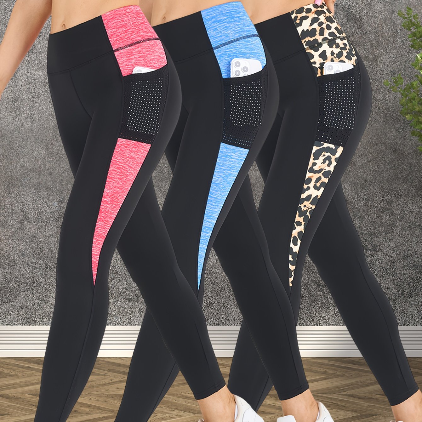 3-Pack Women's Yoga Pants Non-See-Through High-Waisted Workout Leggings - Sweat Absorbent Quick-Dry Yoga Pants with Side Pocket, Stretchy Gym Running Pilates Pants for Women (Black/Gray/Pink Accents - Affordable 3-Pack Deal),