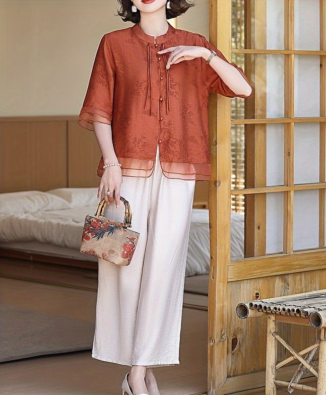 Women'S Elegant Summer Blouse with Floral Pattern - Short Sleeve, Mandarin Collar, Loose Fit, Light Olive Green, Perfect for Casual Attire, Casual Attire Blouse | Floral Pattern Top | Mandarin Collar Shirt