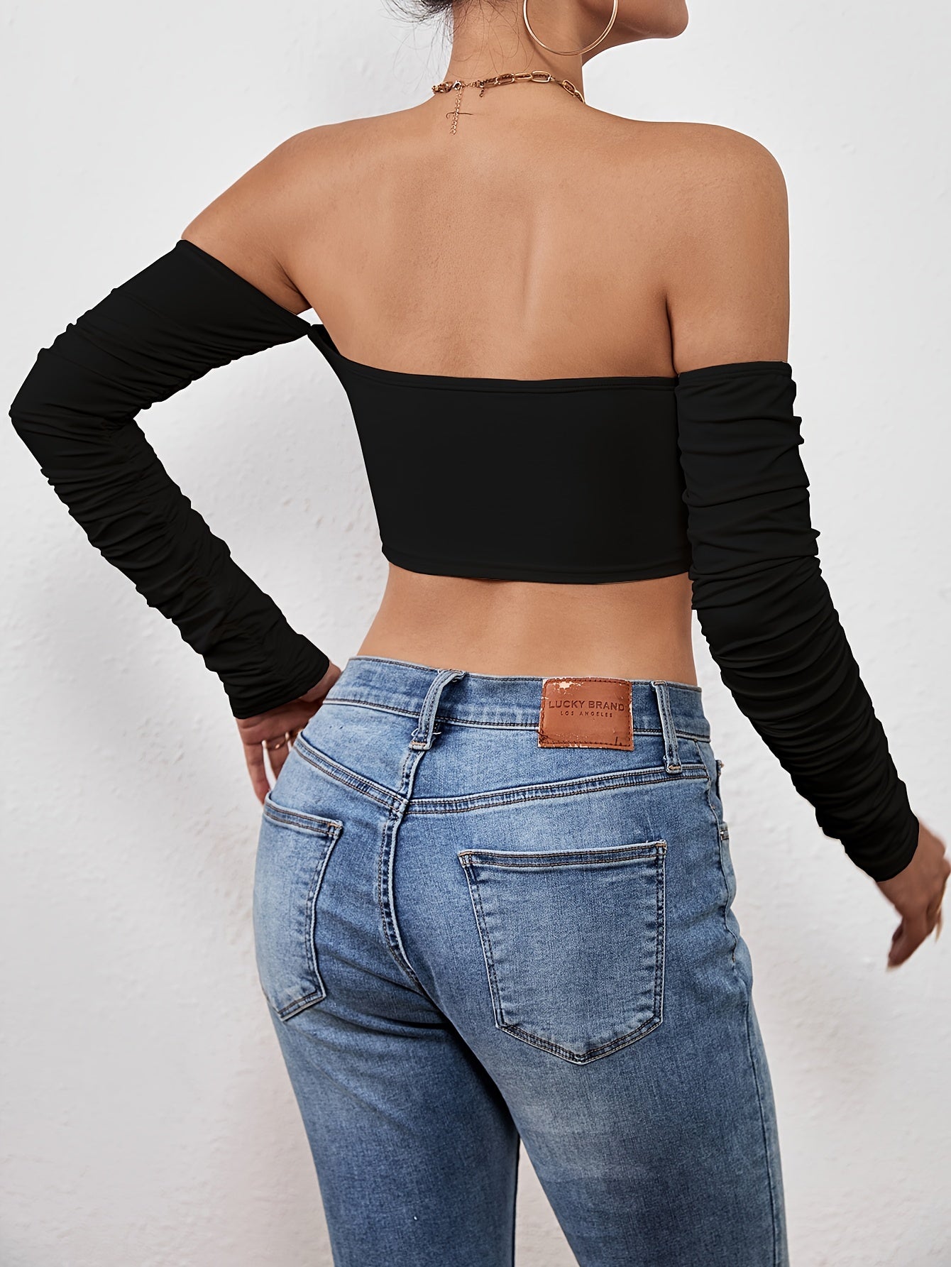 Off Shoulder Ruched T-shirt, Sexy Cropped Drawstring Long Sleeve T-shirt, Women's Clothing