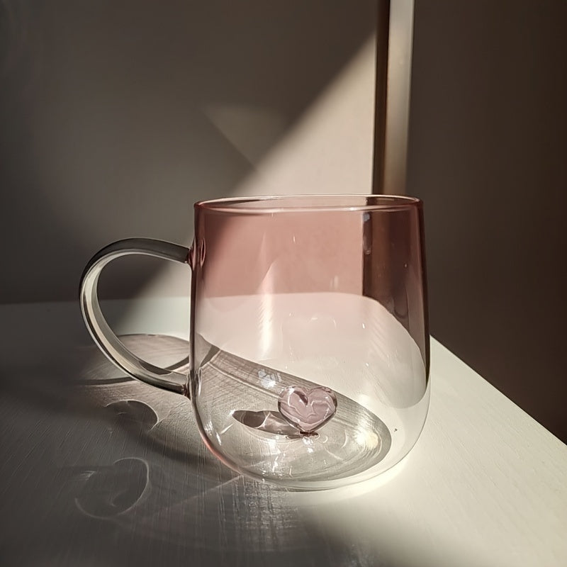 1pc Heart-Shaped Gradient Glass Cup, 350ml - Heat-Resistant, Decorative Coffee & Juice Mug with Handle, Perfect for Valentine's Day or Birthday Gift