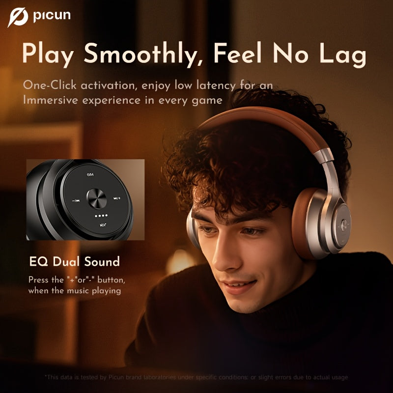 Picun Wireless Over-Ear Headphones, HiFi Stereo, Deep Bass, Foldable Design, 30-Hour Battery, Built-in Mic. Lightweight Brown Leatherette Finish, Perfect for Gaming, PC, and On-the-Go Use.