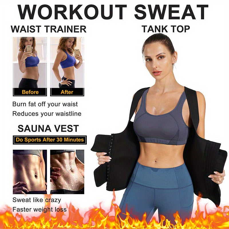 2-in-1 Sweat Sauna Sports Tank Tops, Waist Training Weight Loss Workout Exercise Sports Tops, Women's Activewear