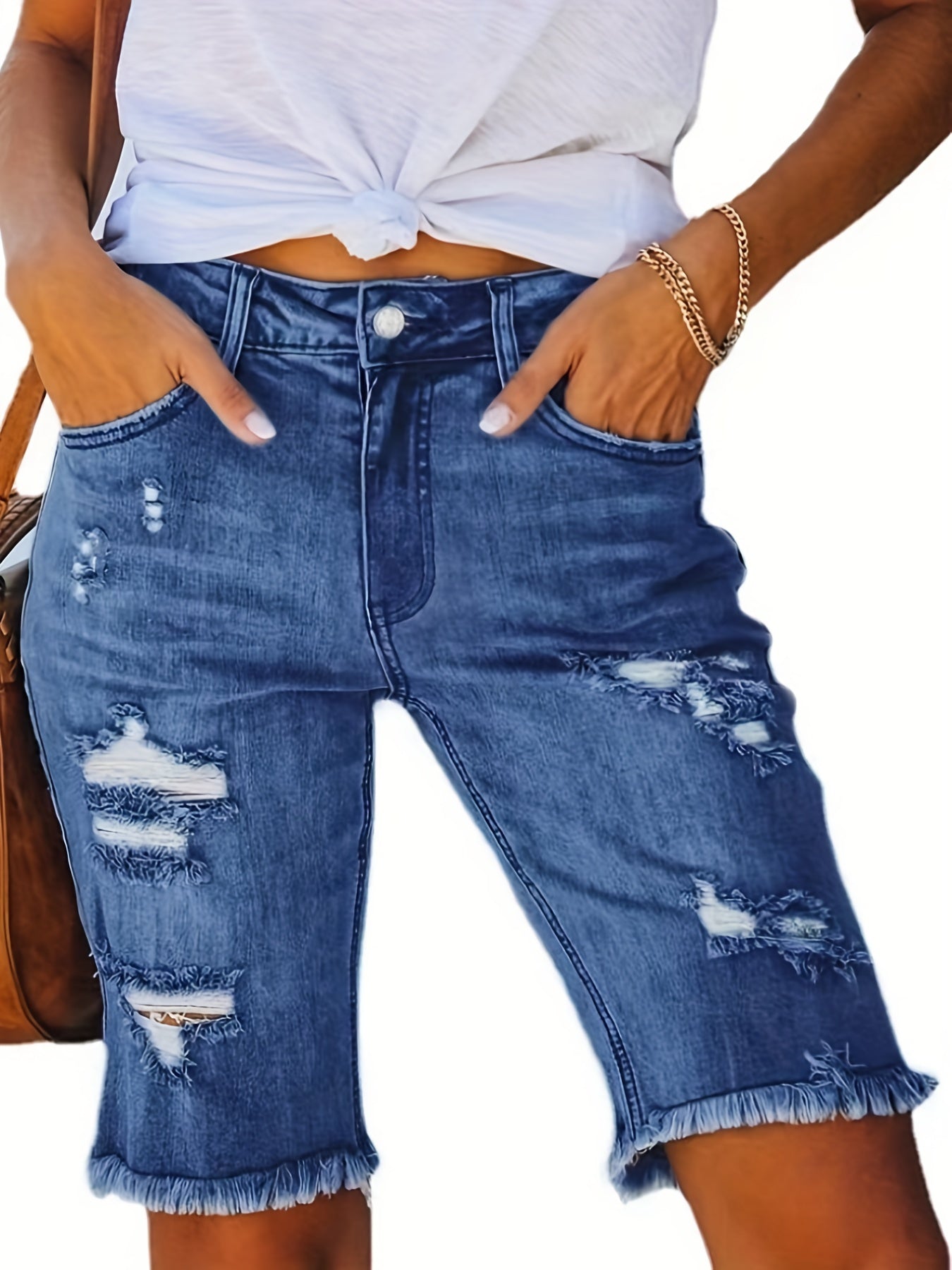 Women's Stretch Denim Mid-Rise Shorts with Distressed Frayed Hem & Knee Rips - Casual Summer Denim Shorts with Built-In Zipper, Machine Washable, Casual Attire, Comfortable Fit