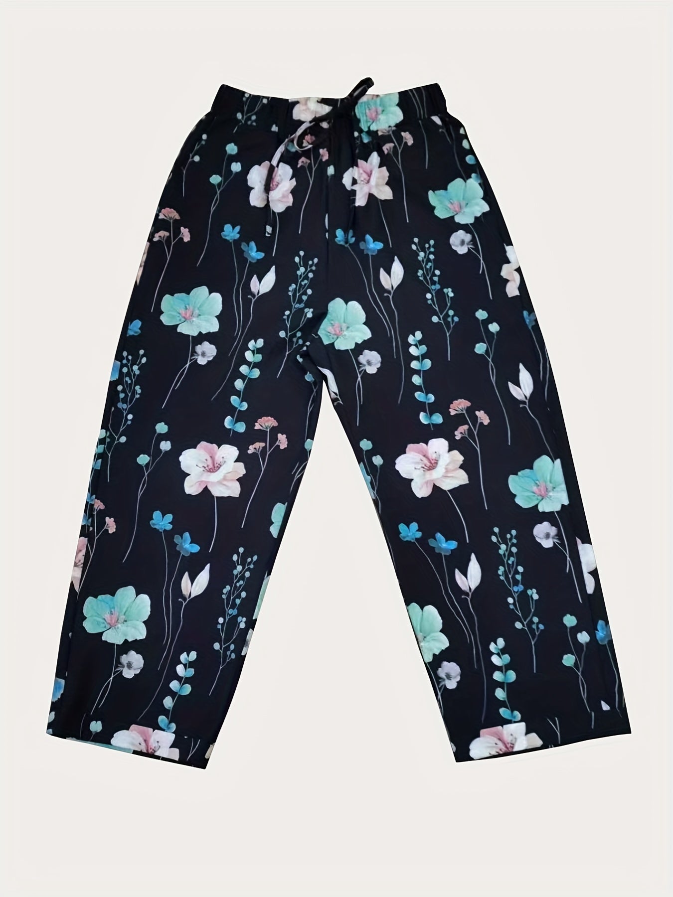Floral Print Drawstring Straight Leg Pants, Casual Dual Pockets Pants For All Season, Women's Clothing