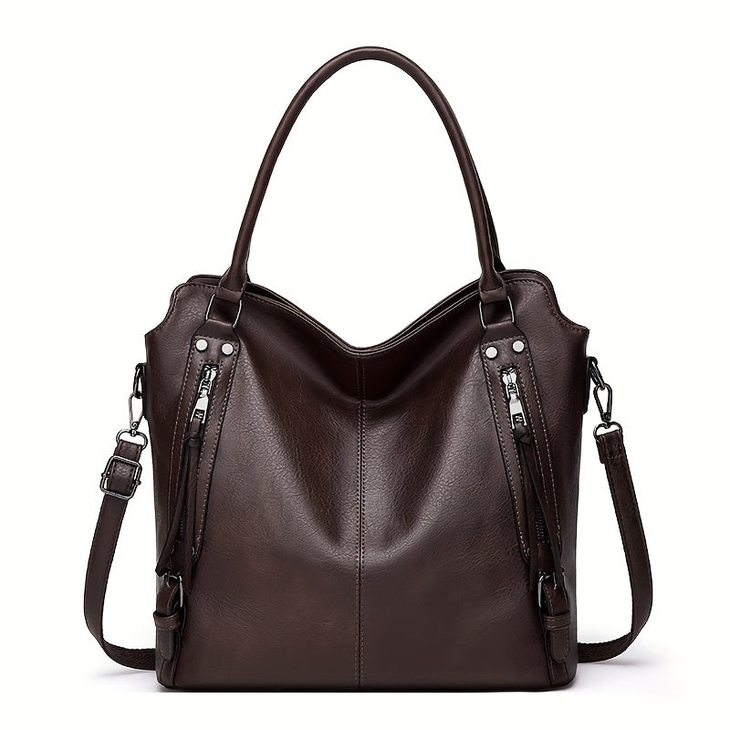 Women'S Large Capacity Tote Bag - Stylish Brown with Golden-Tone Hardware, Zipper Closure & Detachable Strap, Perfect for Work Or Everyday Use, Versatile Carryall | Elegant | Durable, Large Tote Bag