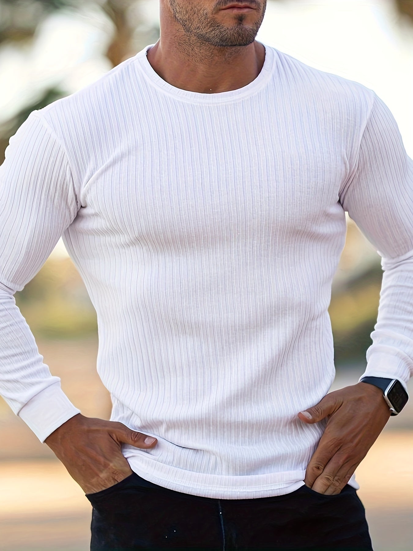 Ribbed Men's Casual Stretch Breathable Lightweight Long Sleeve Round Neck T-shirt For Spring Fall, Running Training