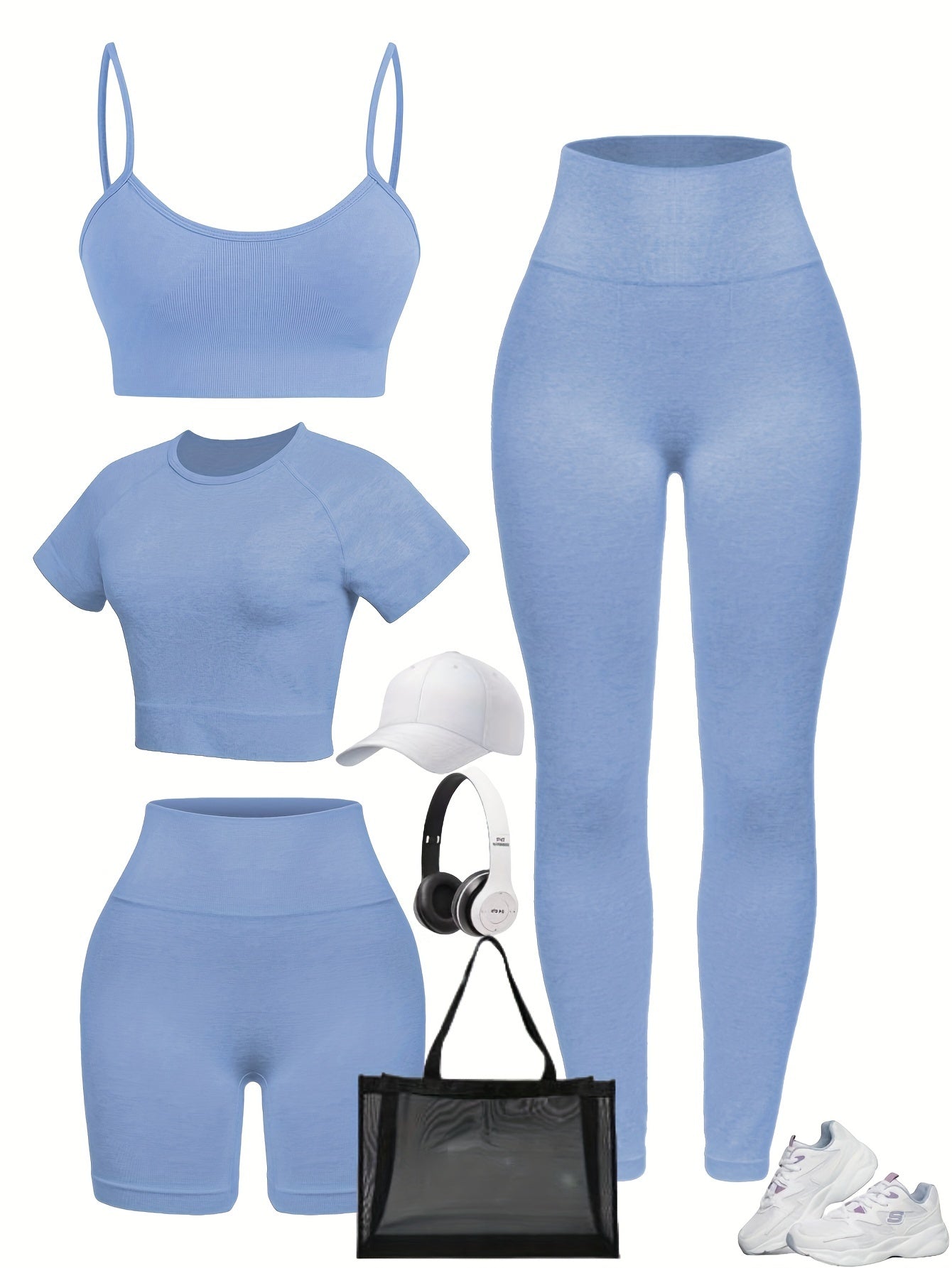 4pcs Seamless High Stretch Women'S Yoga Set - Solid Color Knit Athletic Outfit with Crop Top, Wide Waistband Leggings, Shorts, and Sports Bra for Running, Fitness - All Seasons, Round Neck, Nylon