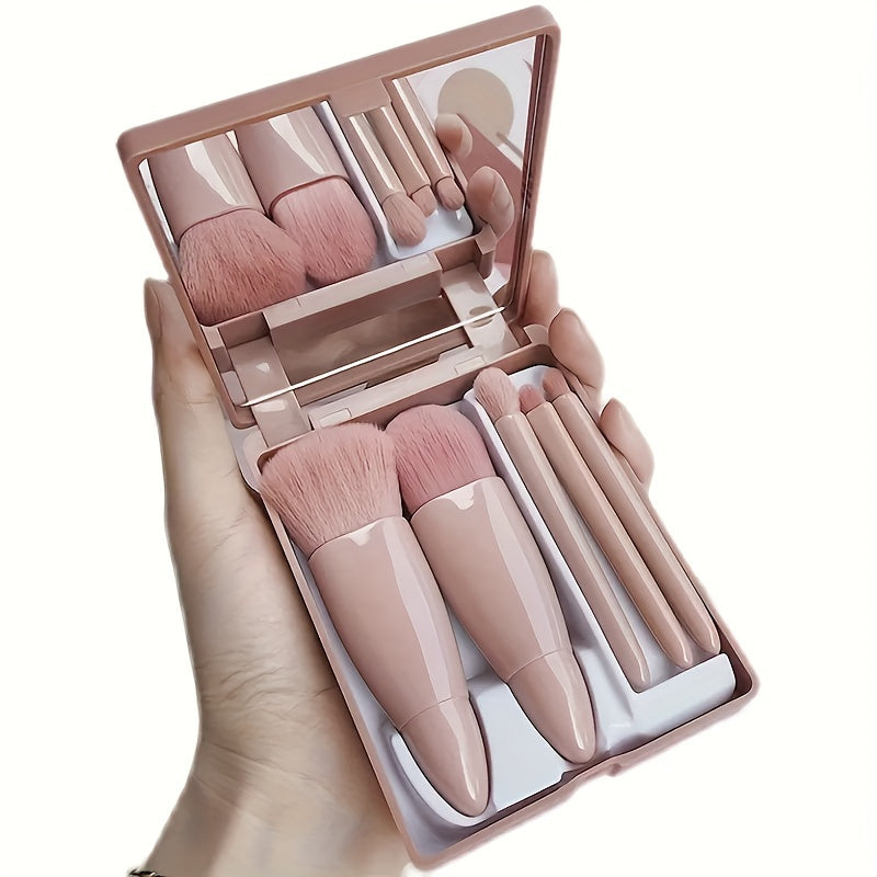 5pcs Makeup Brush Set with Mirror - Nylon Bristles, Fragrance-Free for All Skin Types, Includes Oval Foundation & Blending Brushes