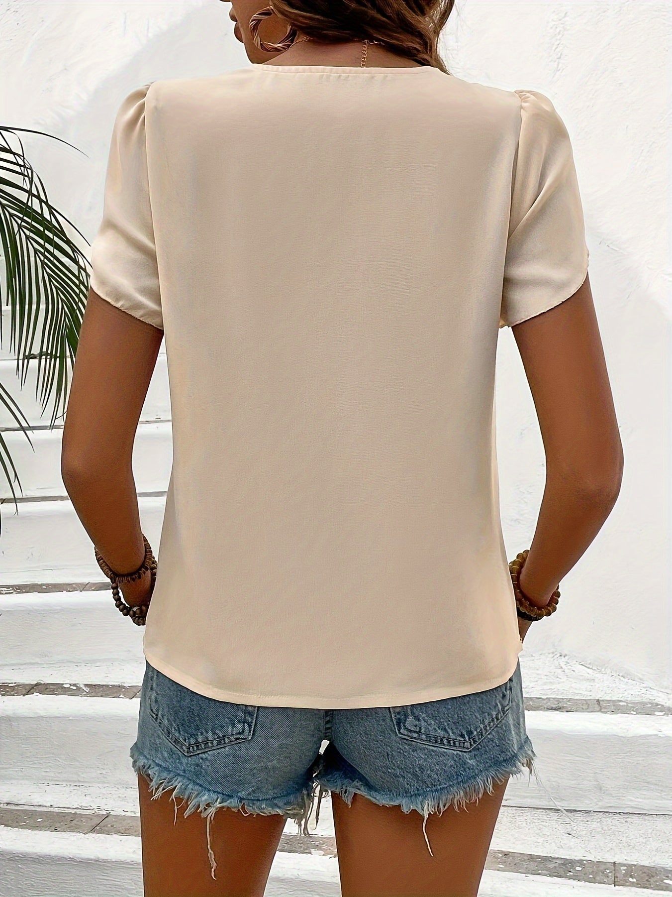 Solid Color Half Zip Blouse, Elegant Petal Sleeve Top For Spring & Summer, Women's Clothing