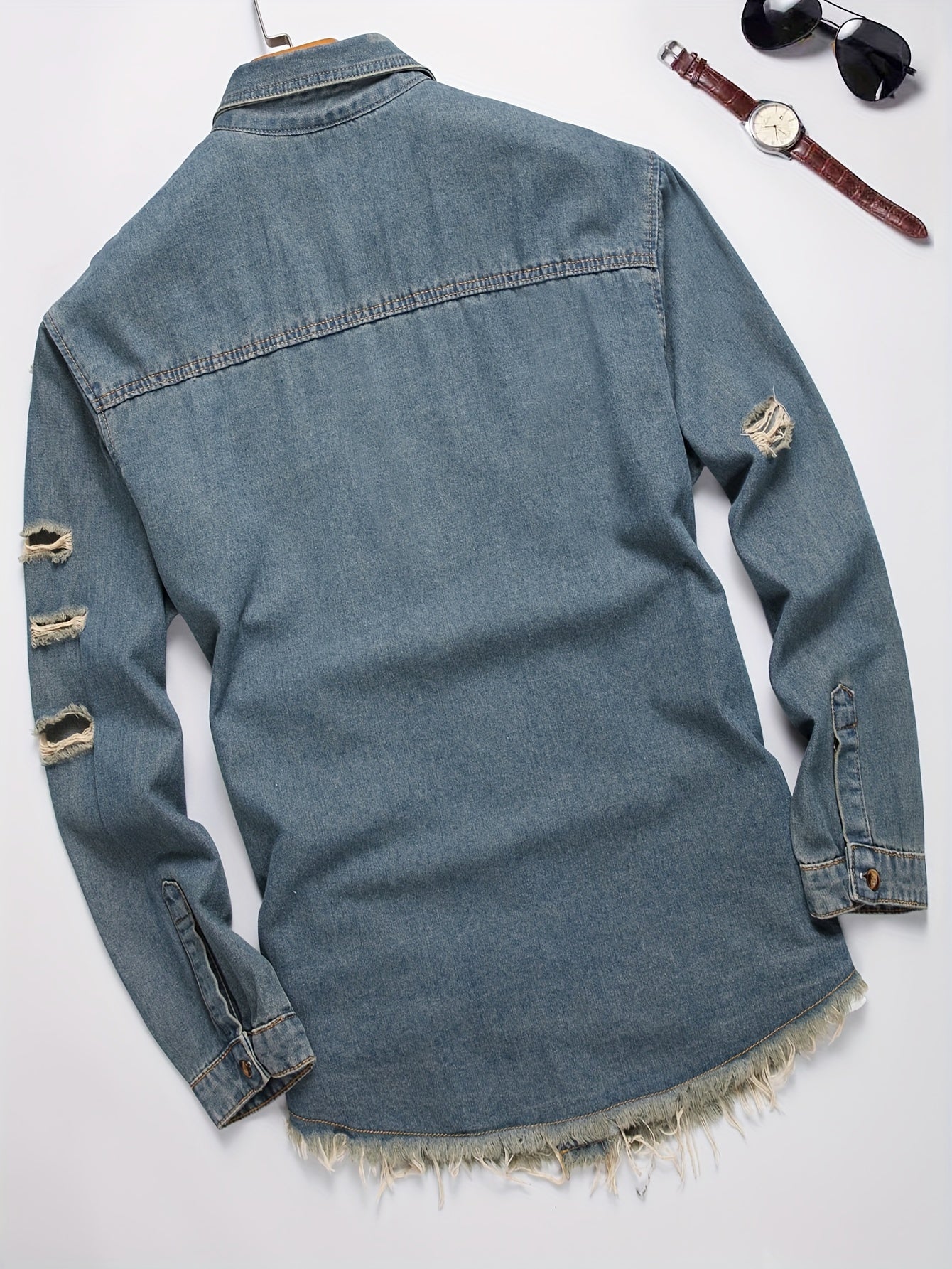 Men's Trendy Ripped Design Casual Button Up Long Sleeve Denim Shirt, Men's Clothes For Spring Summer Autumn, Tops For Men