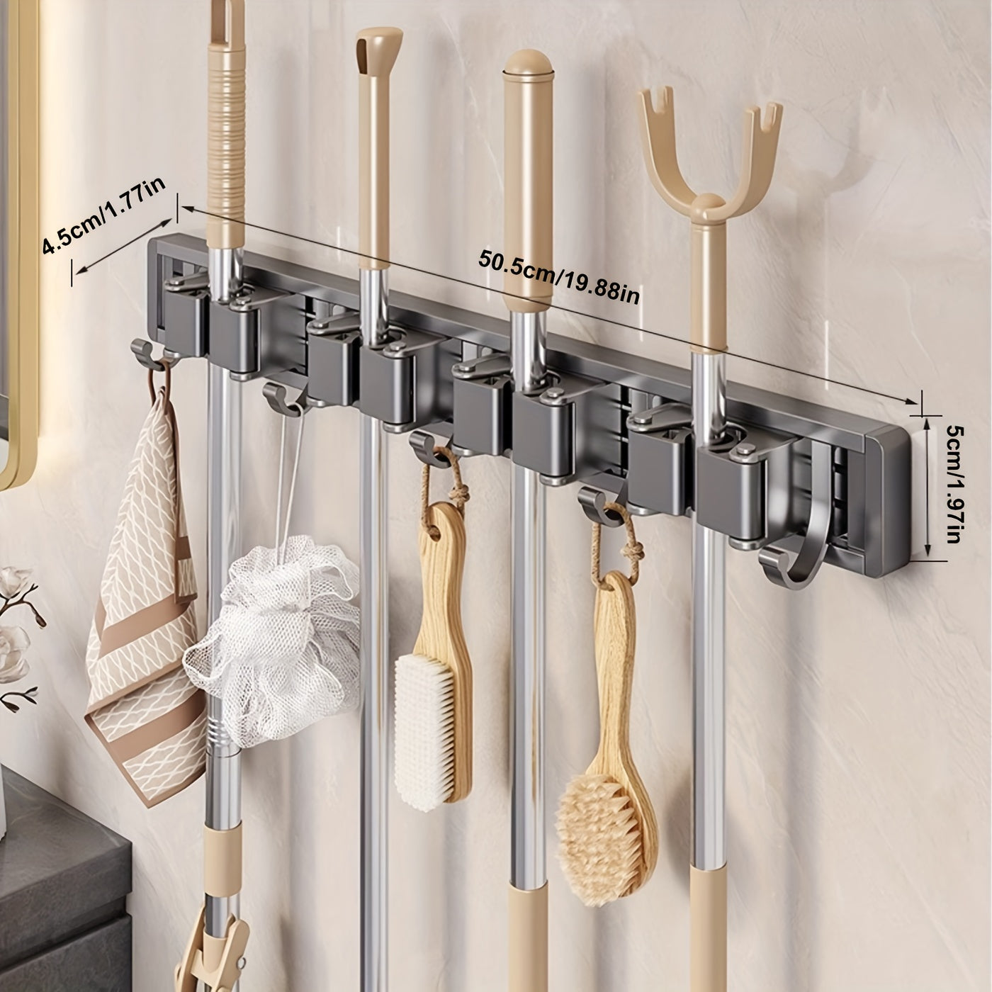 Bathroom Storage Rack Metal Mop & Broom Holder with Adjustable Hooks, Wall-Mounted Storage Organizer for Home, Kitchen, Garden, Laundry, Garage - Lacquered, Space-Saving Shelf for Mops, Brooms, Tools, Shelves