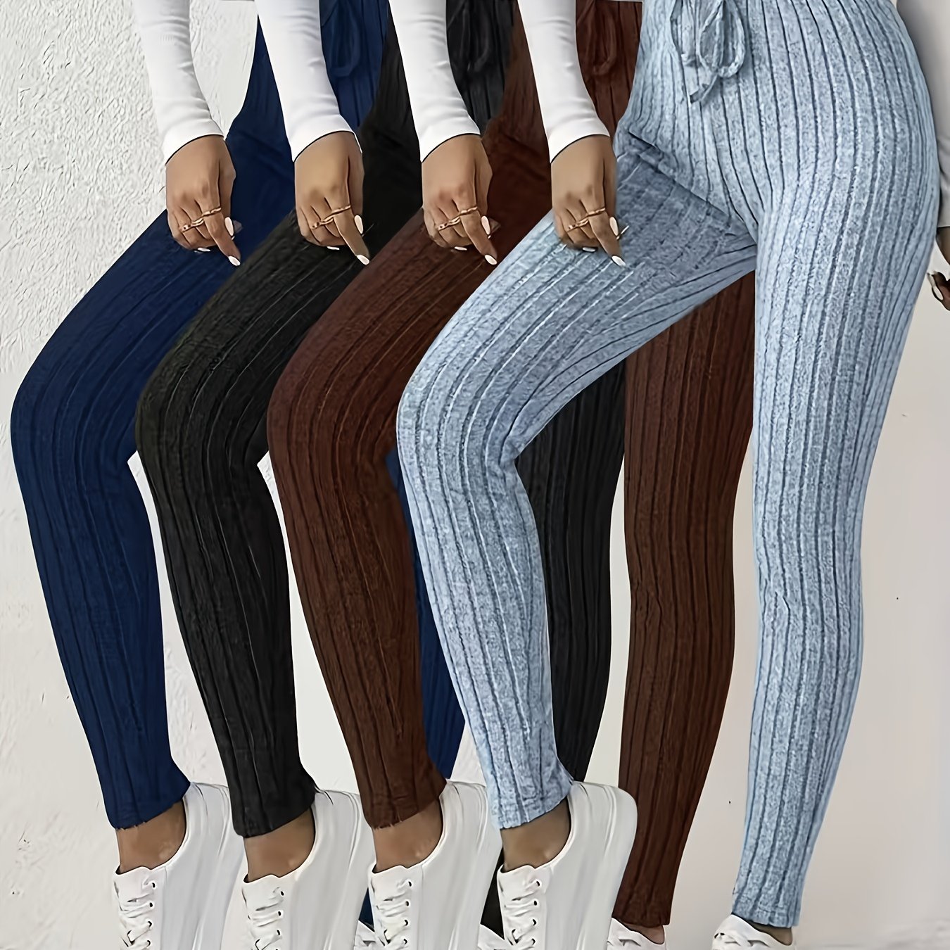 4pcs Women'S High-Waisted Leggings - Sexy Ribbed Design, Stretchy & Comfortable, Solid Colors (Black, Green, Purple, Beige) for Fall/Winter, Perfect for Running & Casual Wear, High Waisted Leggings